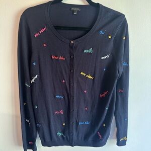 TALBOTS Navy Sweater with Multicolor French Embroidered Words Size Large